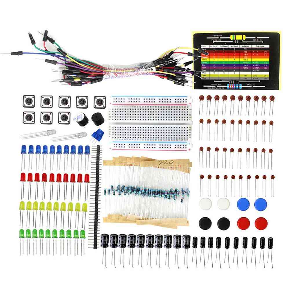 Kit básico de componentes eletrônicos com capacitor de resistor de cabo de placa de ensaio