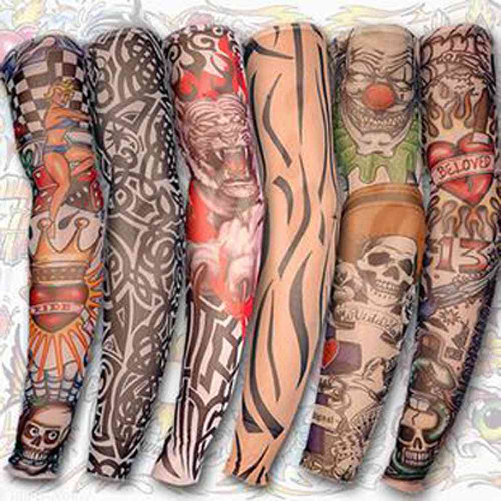 Opalovací krém na ruce, falešné tetování, manžety na rukávech, rukávy a ženy