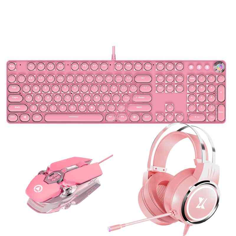 Rosa gamingtastatur og optisk musehodesett med øretelefonsett