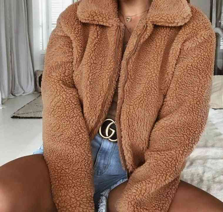 Kvinder vinterpels i imiteret pels, jakke med bløde lommer