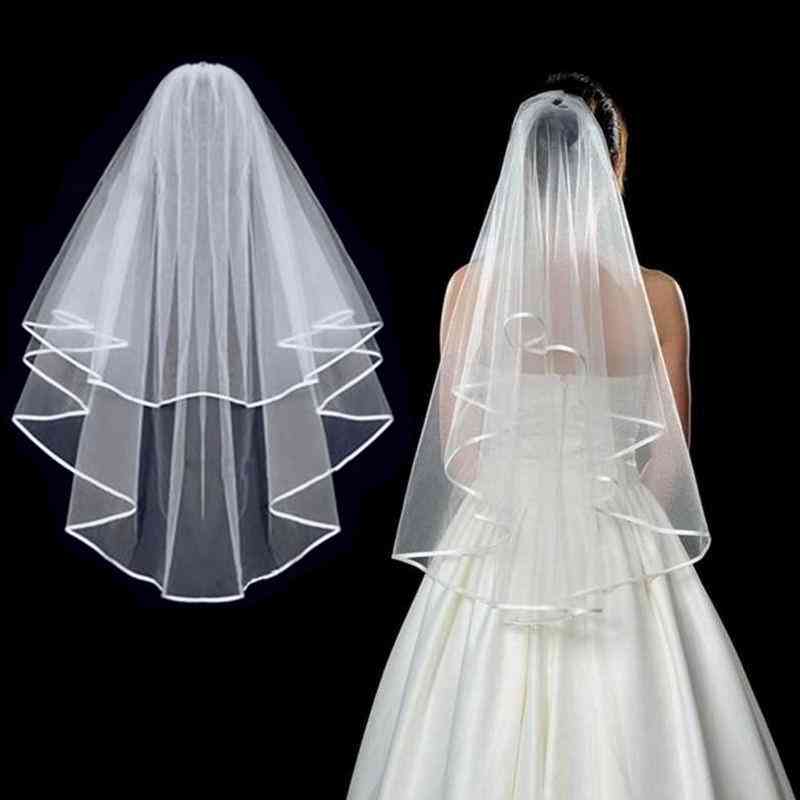 Simple Tulle, Two-layers Bridal Veil, Ribbon Edge With Comb