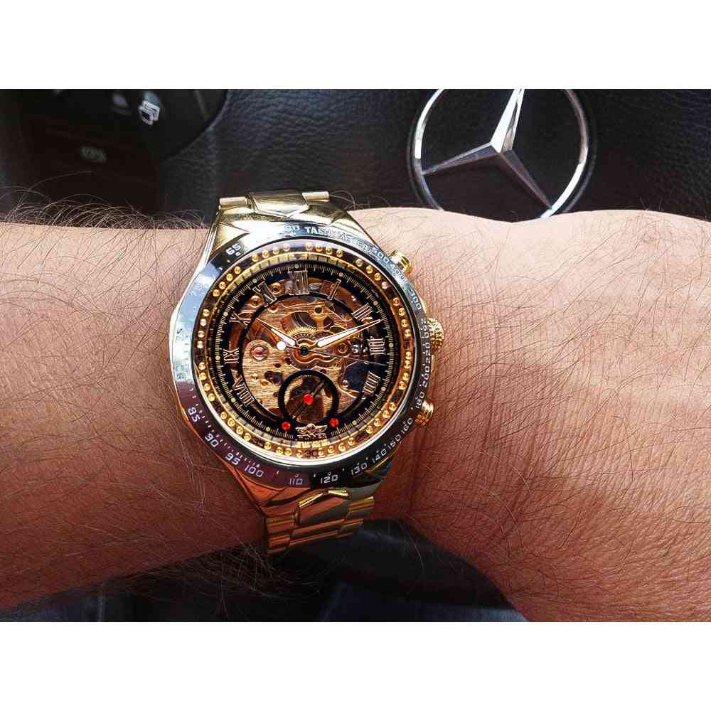 Winner Mechanical Sport Design Bezel Golden, Automatic Skeleton Watches