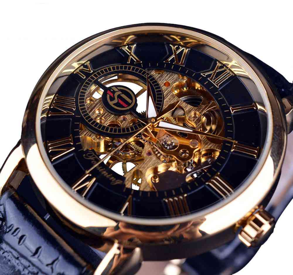 3d Design Hollow, Engraving Case Leather, Skeleton Mechanical Watches