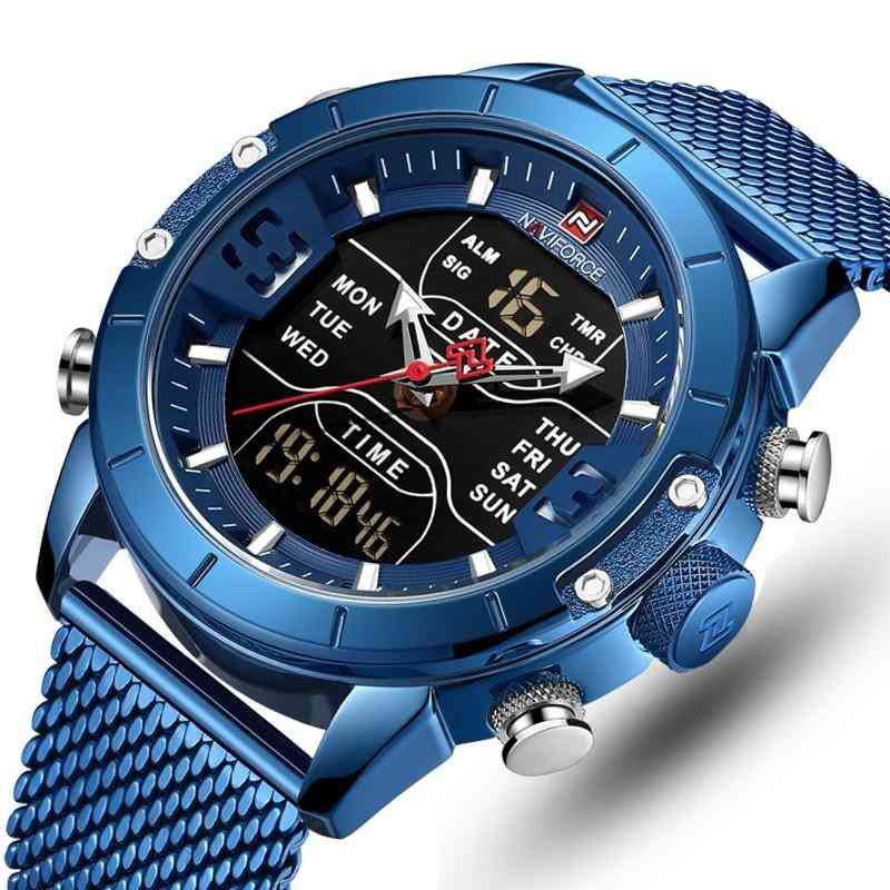 Men's Watches Luxury Sports Style, Quartz Led Digital Dual Clock, Male Full Steel Military Wrist Watch