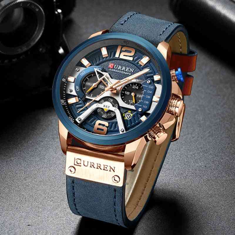 Sport Herren Luxus-Chronograph-Uhren, Lederband, Quarzuhr,