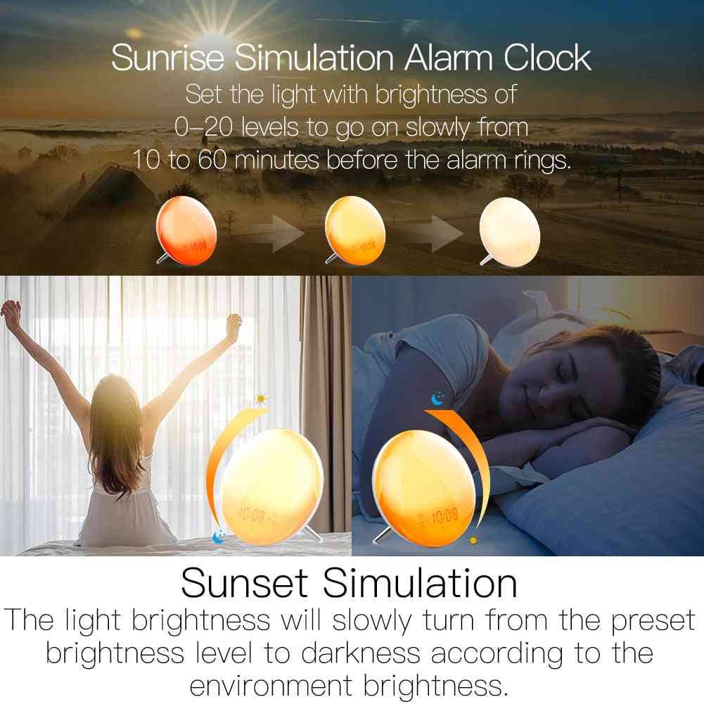 Wifi smart- väckarklocka med 7-färger soluppgång, solnedgång med alexa google