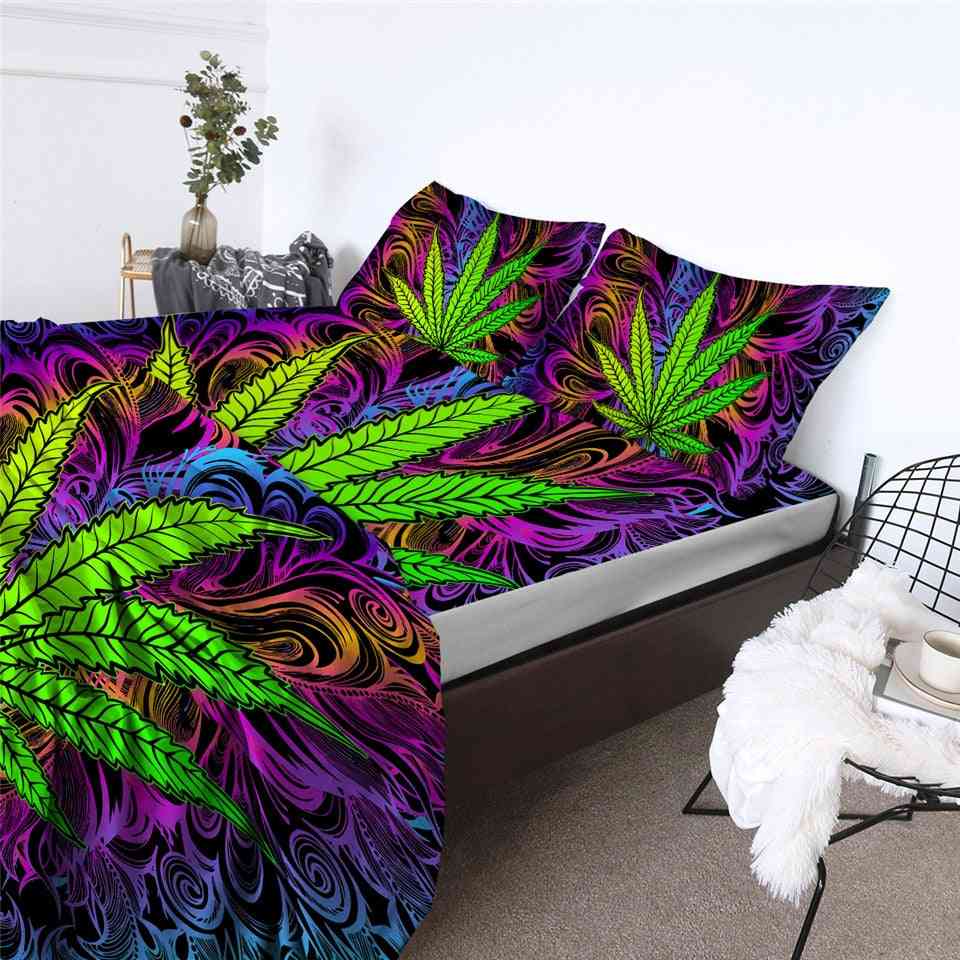 Bed Sheet Set- Modern Green Leaves, Home Bedding, Psychedelic Mattress Cover