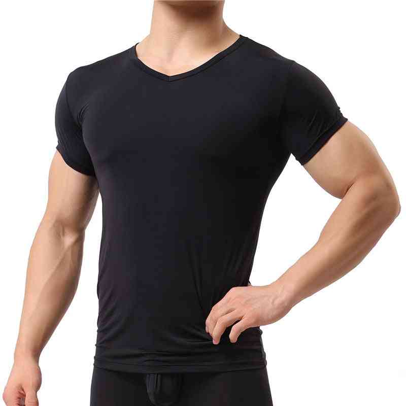 Undershirt Ice Silk Spandex Sheer T-shirts, Nylon V-neck Short Sleeves Tops