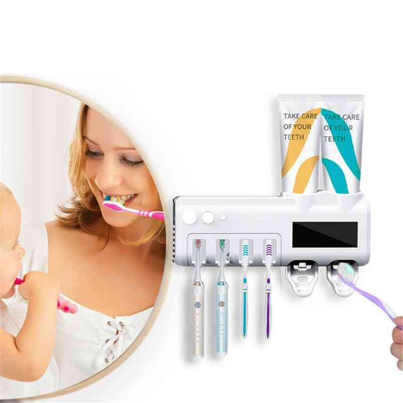 Inhibit Bacterial Uv Light Toothbrush Sterilizer Holder, Antibacterial Box & Automatic Toothpaste Dispenser Tool