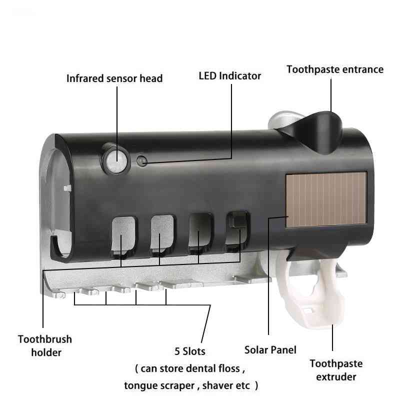 Automatický držák zubního kartáčku na ultrafialové záření se stlačovacím dávkovačem zubní pasty