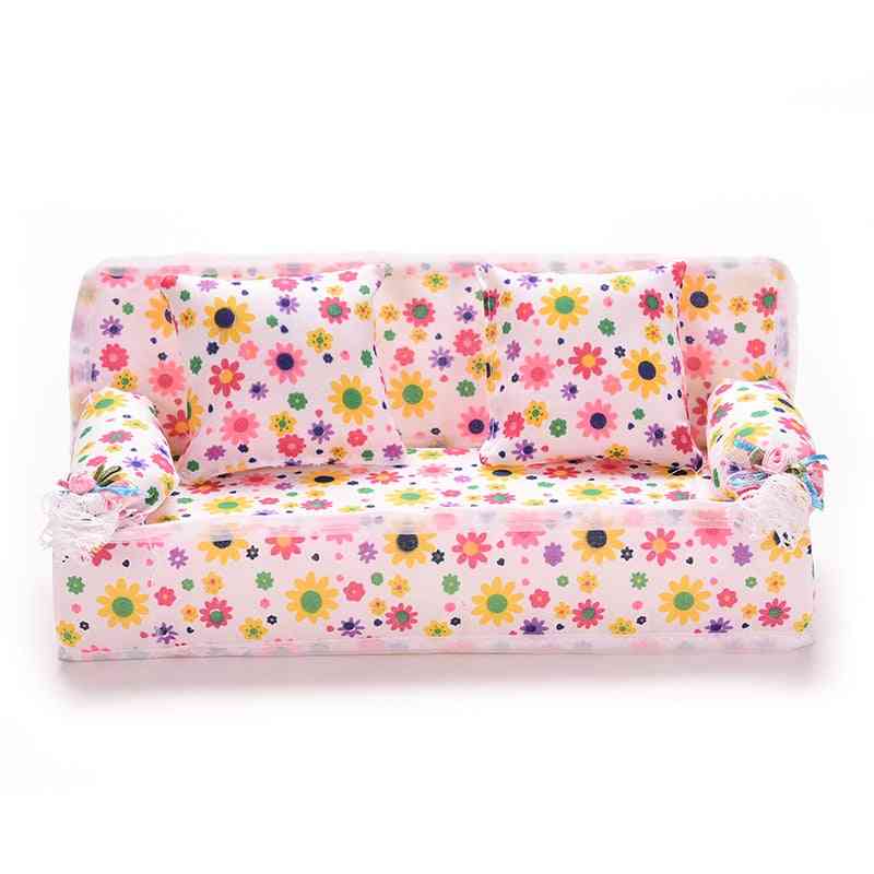 1set- Cute Miniature, Dollhouse Furniture, Flower Cloth Sofa With 2-cushions