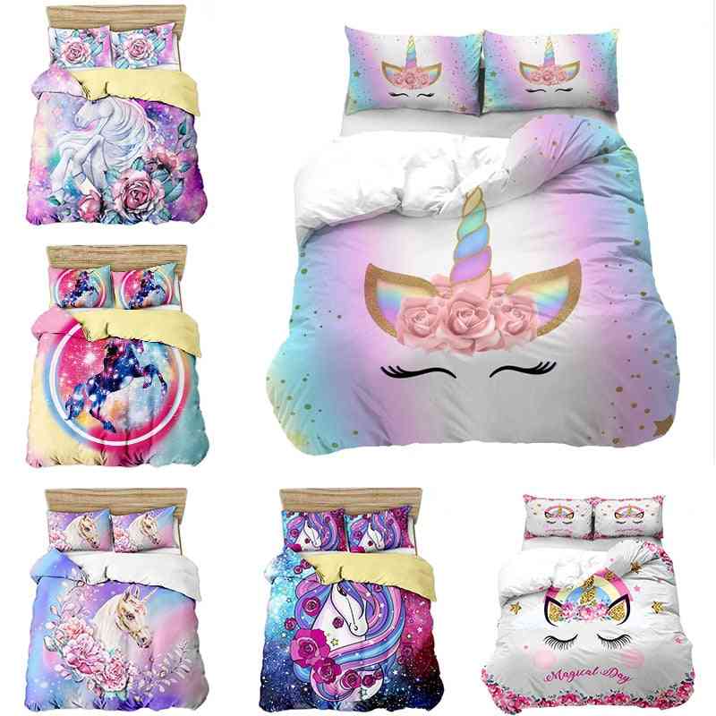 3d Cartoon Unicorn, Lovely Floral, Duvet Cover, Bedding Set