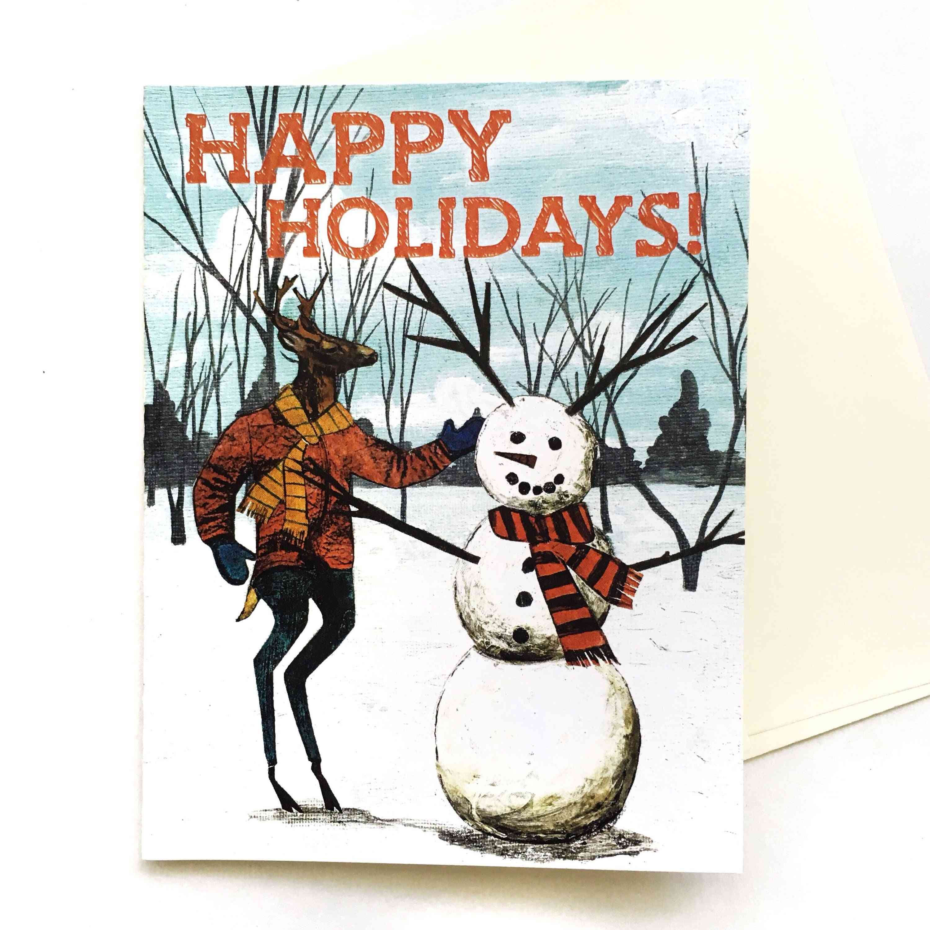 Happy Holidays Snowman Deer Card