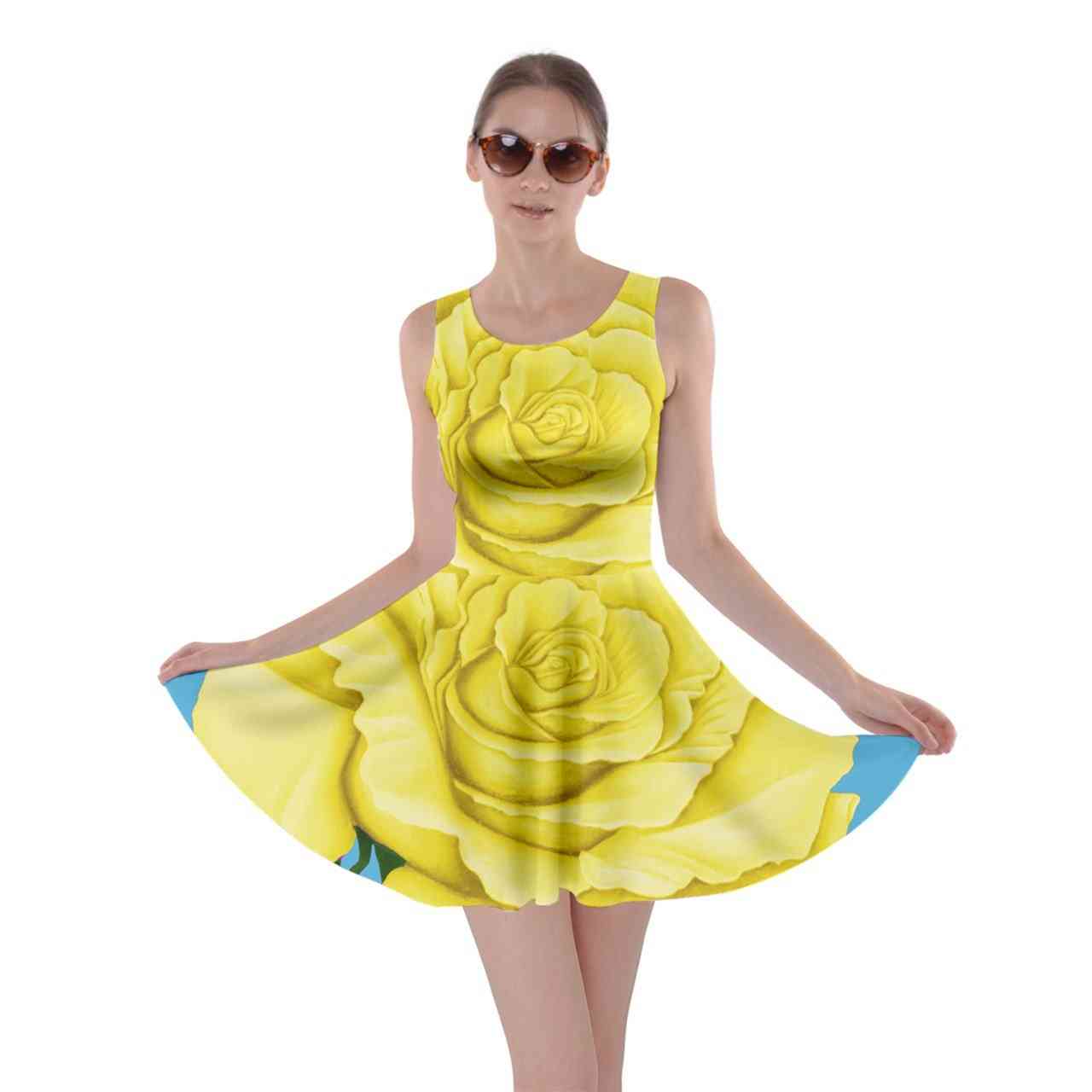 Yellow Aqua Rose Skater Dress