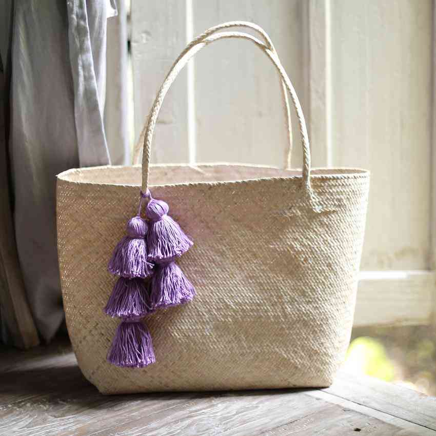 Borneo Sani Stroh Einkaufstasche - mit lila Quasten
