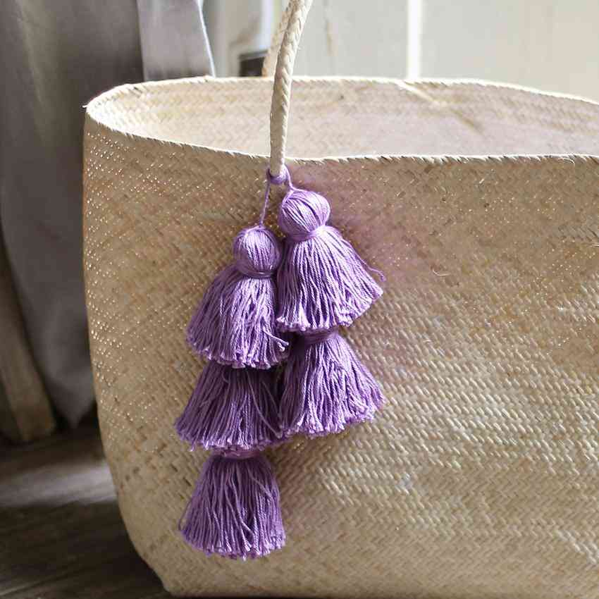 Borneo sani sac cabas en paille - avec pompons violets