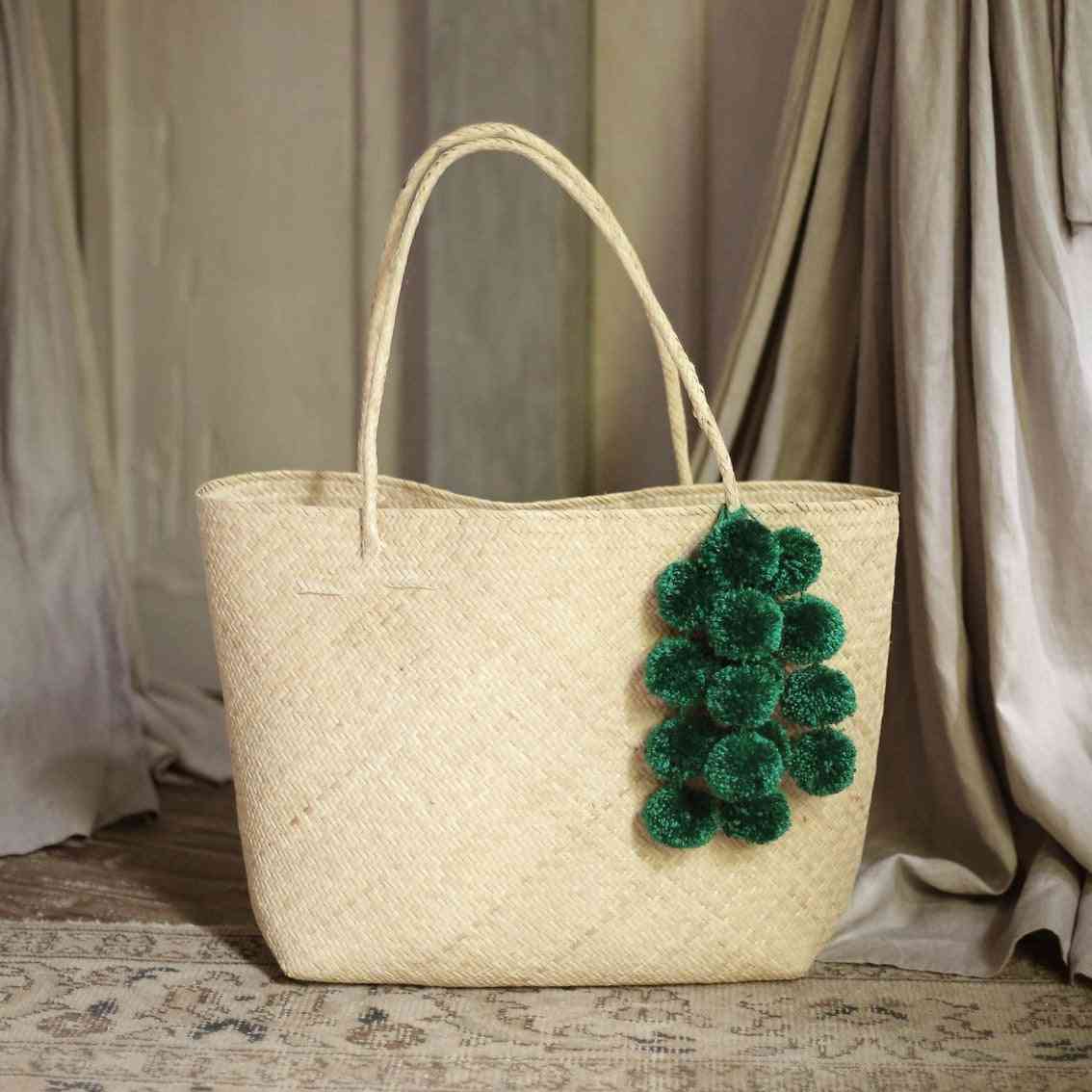 Borneo Sani Straw Tote Bag - With Emerald Pom-poms