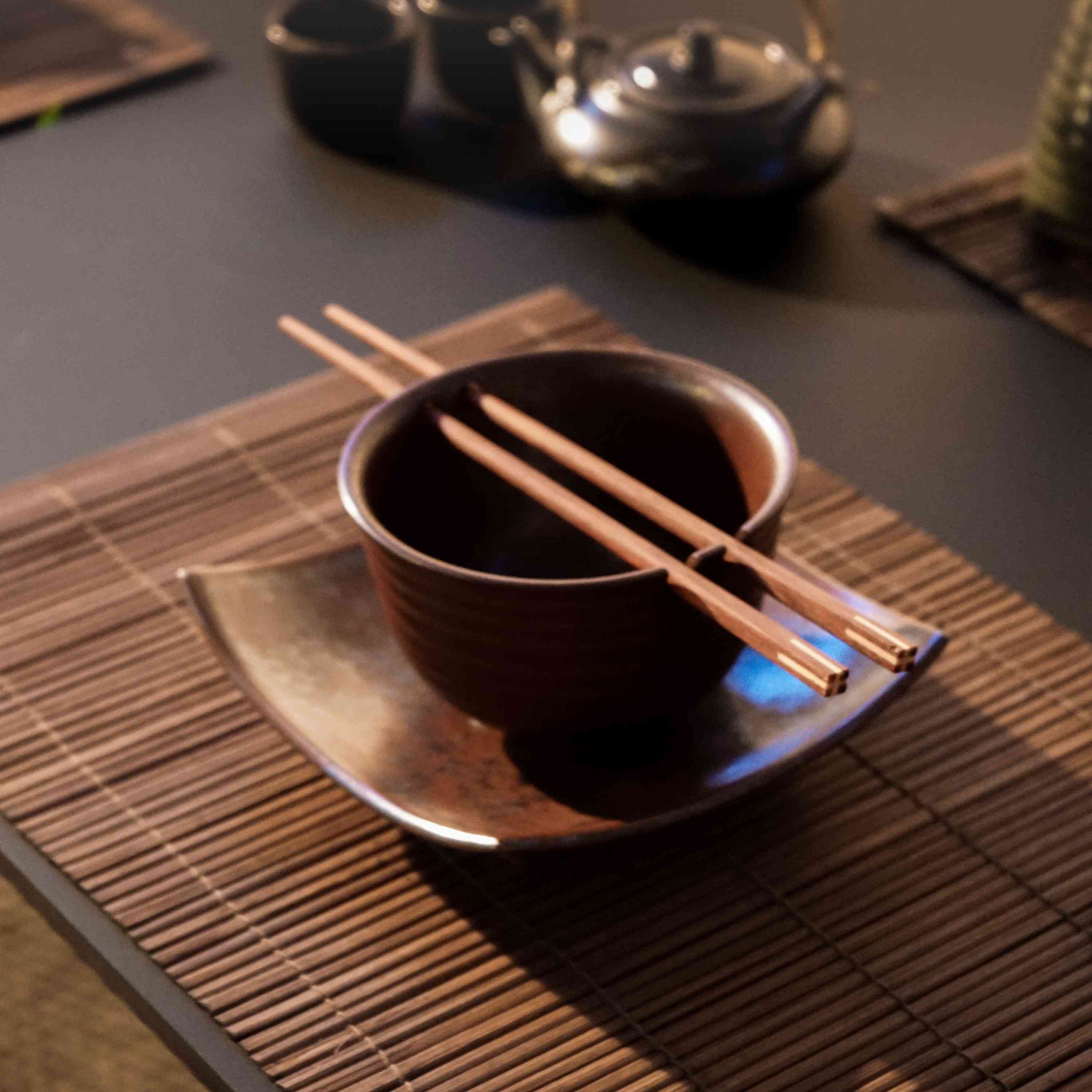 Rust Glaze Rice Bowl With Square Plate And Chopsticks Set