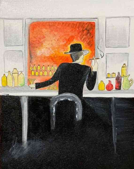 Dame gentleman en bar-peinture à l'huile originale