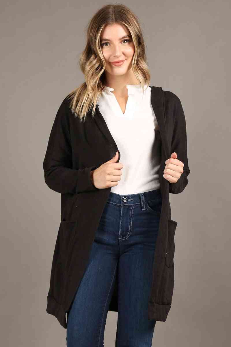 Soft Long Open Cardigan With Hoodie