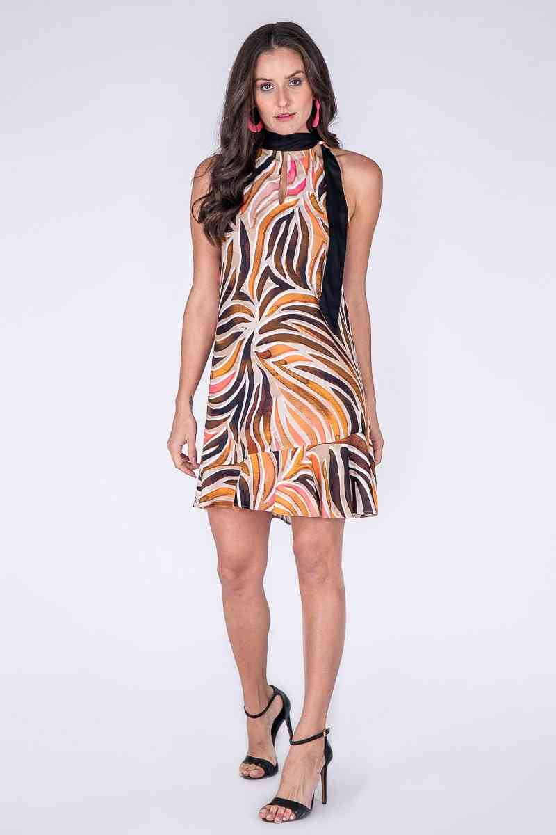 Collar With Tie, Printed Short Dress