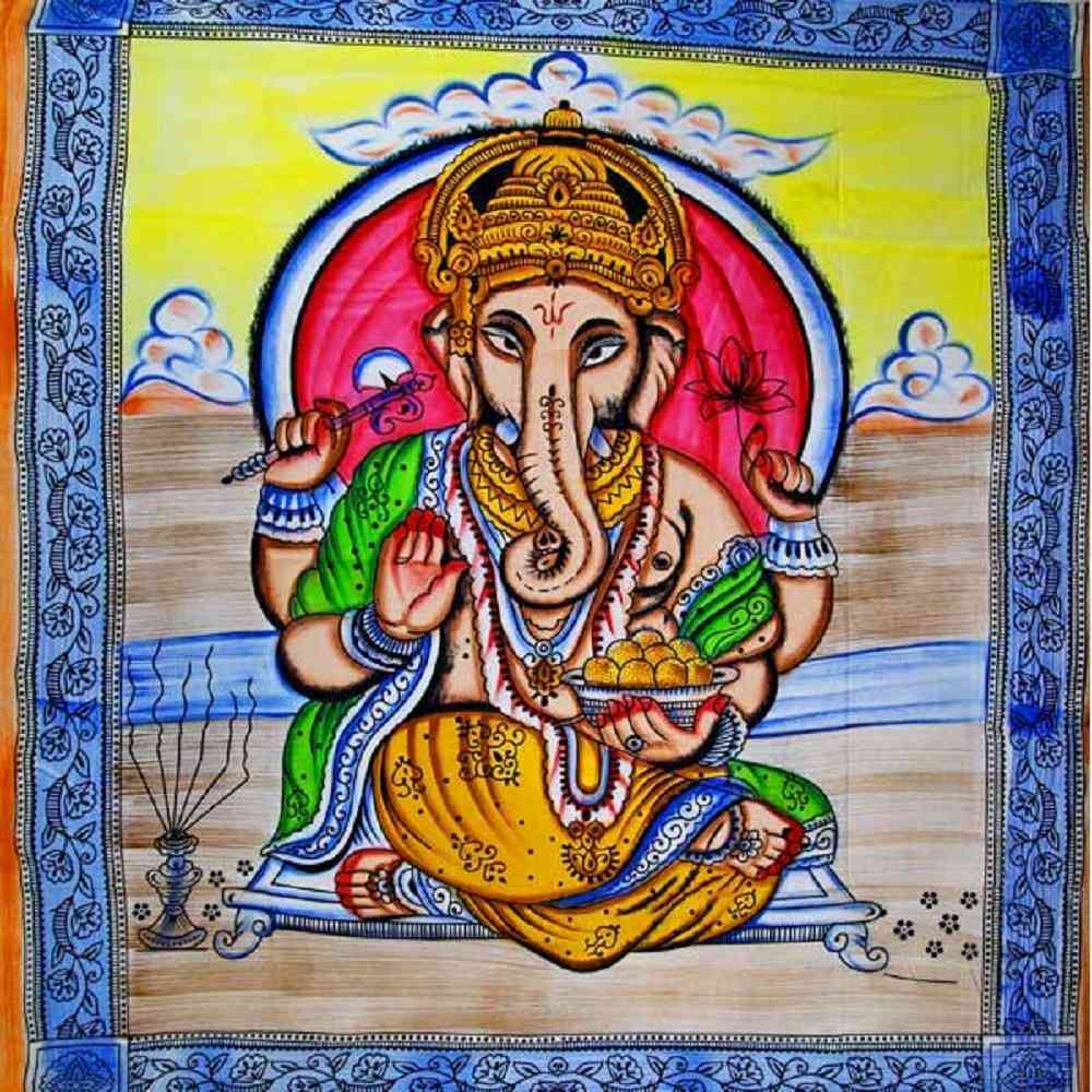 Ganesha ținând floare de lotus în pasteluri cu ciucuri tapiserie