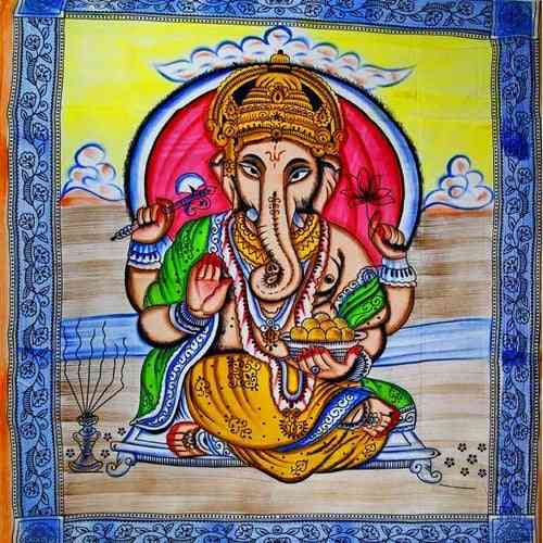 Ganesha ținând floare de lotus în pasteluri cu ciucuri tapiserie