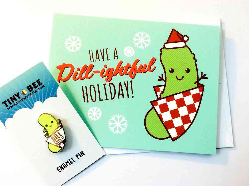 Funny Dill Pickle Enamel Pin & Christmas Card Bundle