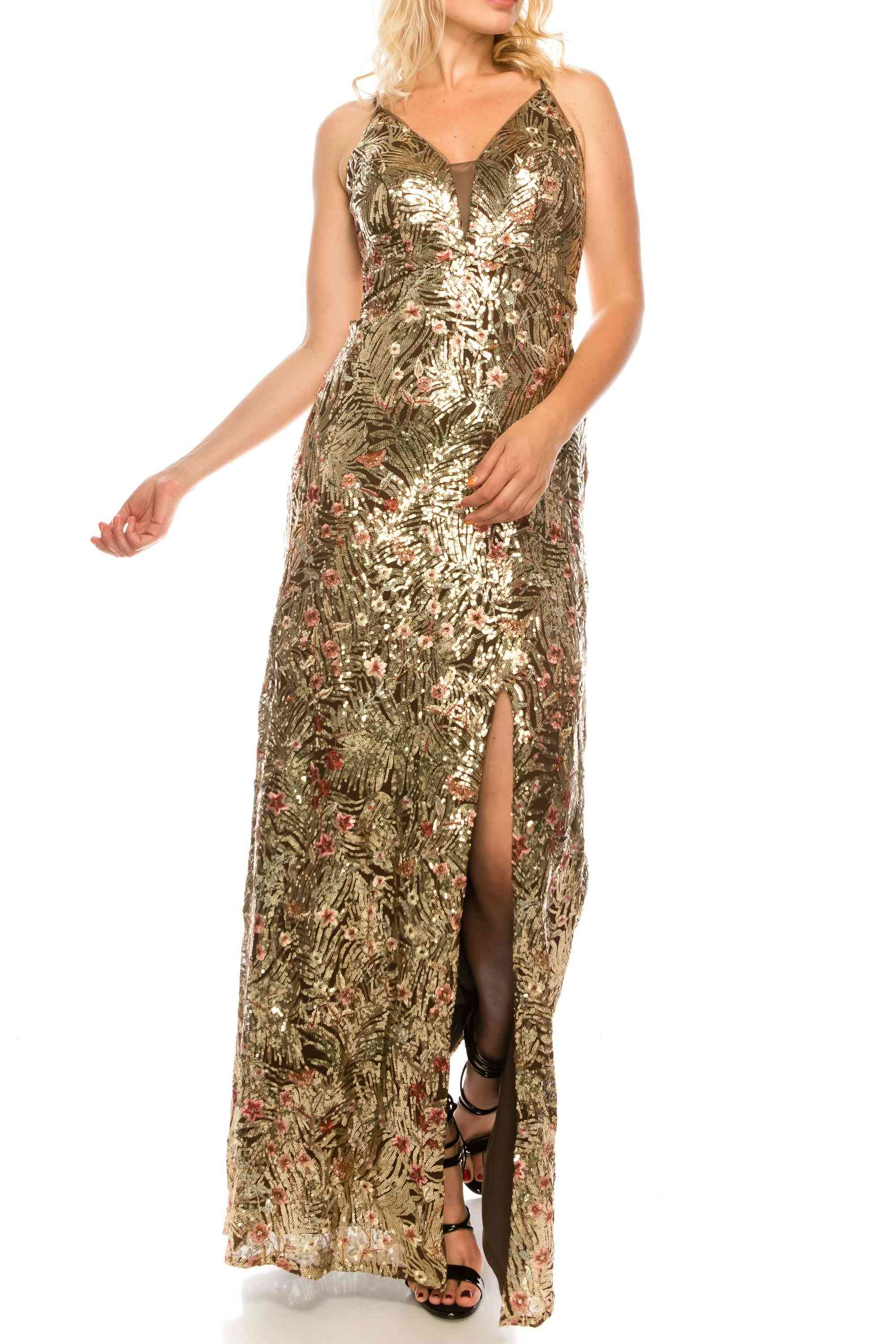 Sequined & Floral Embroidered Strappy Plunge Gown