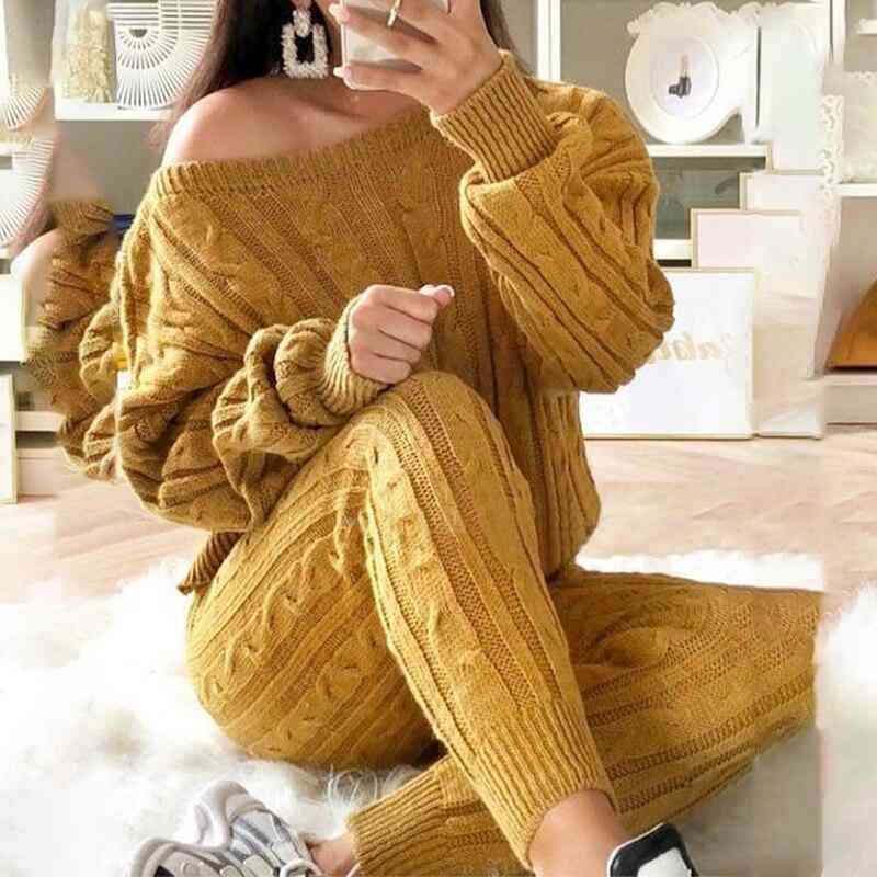 Casual Solid Warm Knitted O-neck Cropped Sweater Trousers Tracksuit