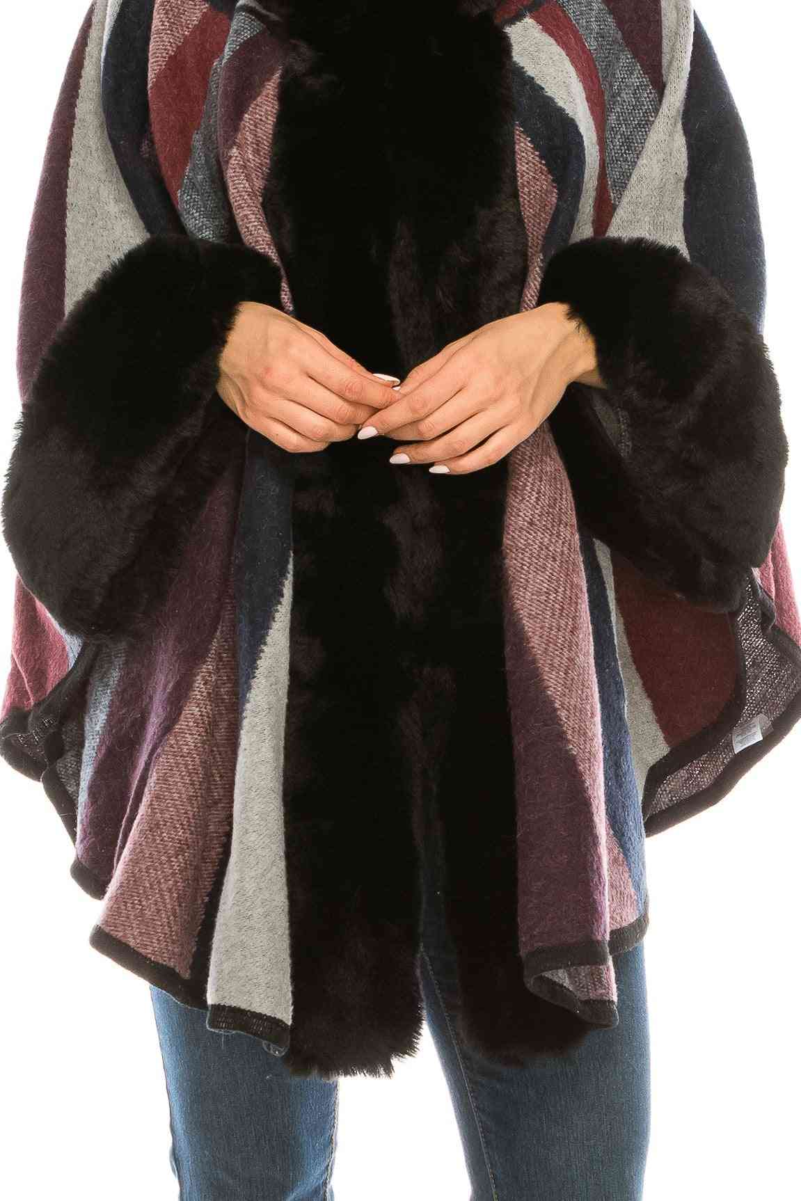 Sioni Multi Panel Printed, Fur Trimmed, Hooded Poncho Cape