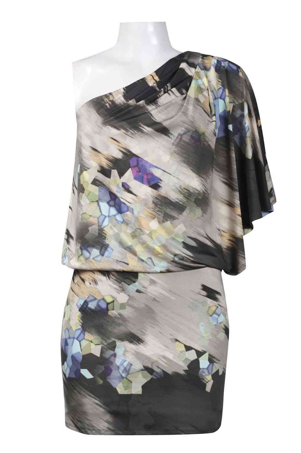 One Shoulder Flutter Sleeve Printed Jersey Blouson Dress