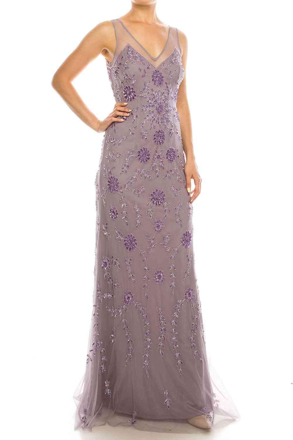 Illusion V-neckline, Sequin Floral Pattern, Mesh Overlay Dress