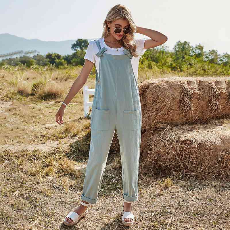 High Waist Bow Strap Solid Casual Jumpsuits