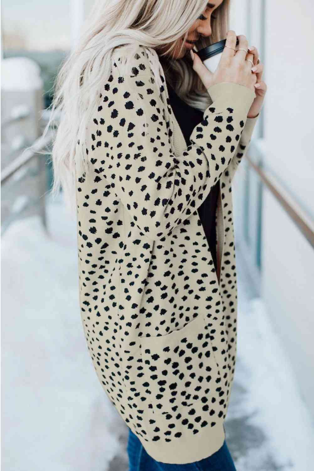 Open Front, Black Dotted Print Knit Cardigan