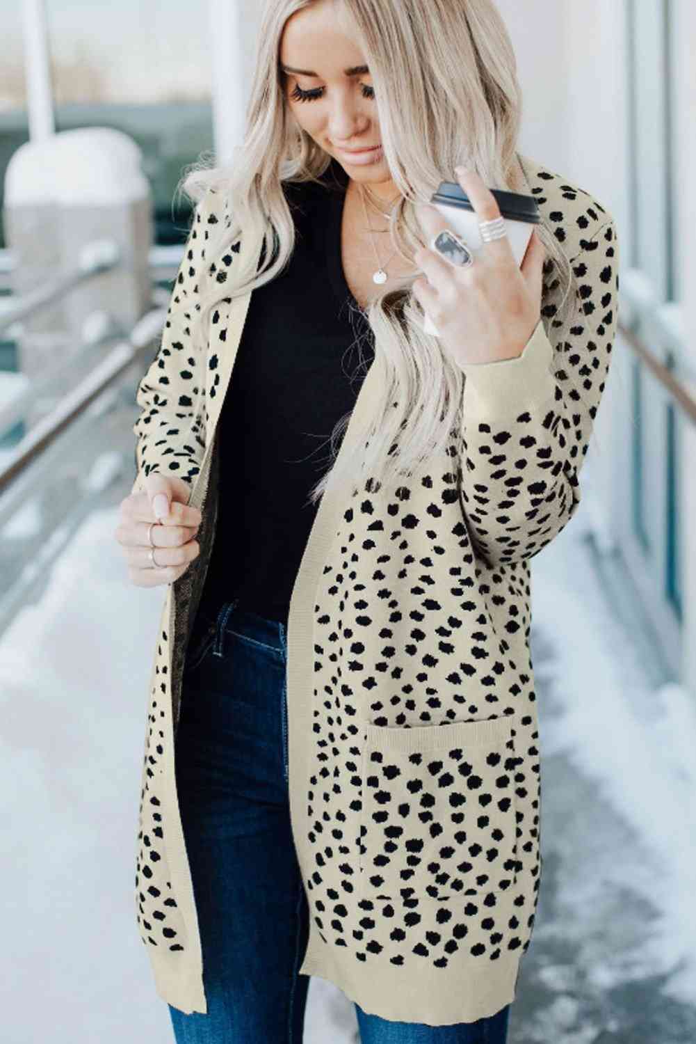 Open Front, Black Dotted Print Knit Cardigan