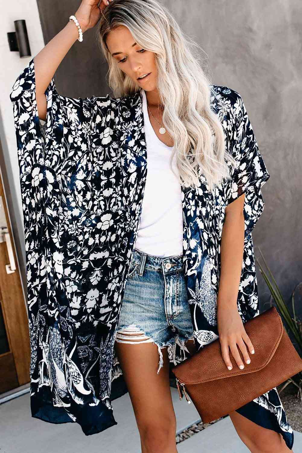 Sleeve Floral Print- Graceful Cover-up Kimono