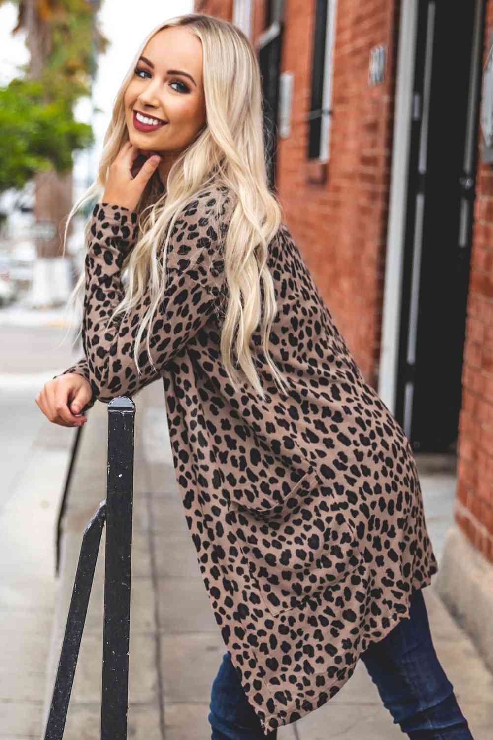 Leopard Print Open Front Pocketed Cardigan