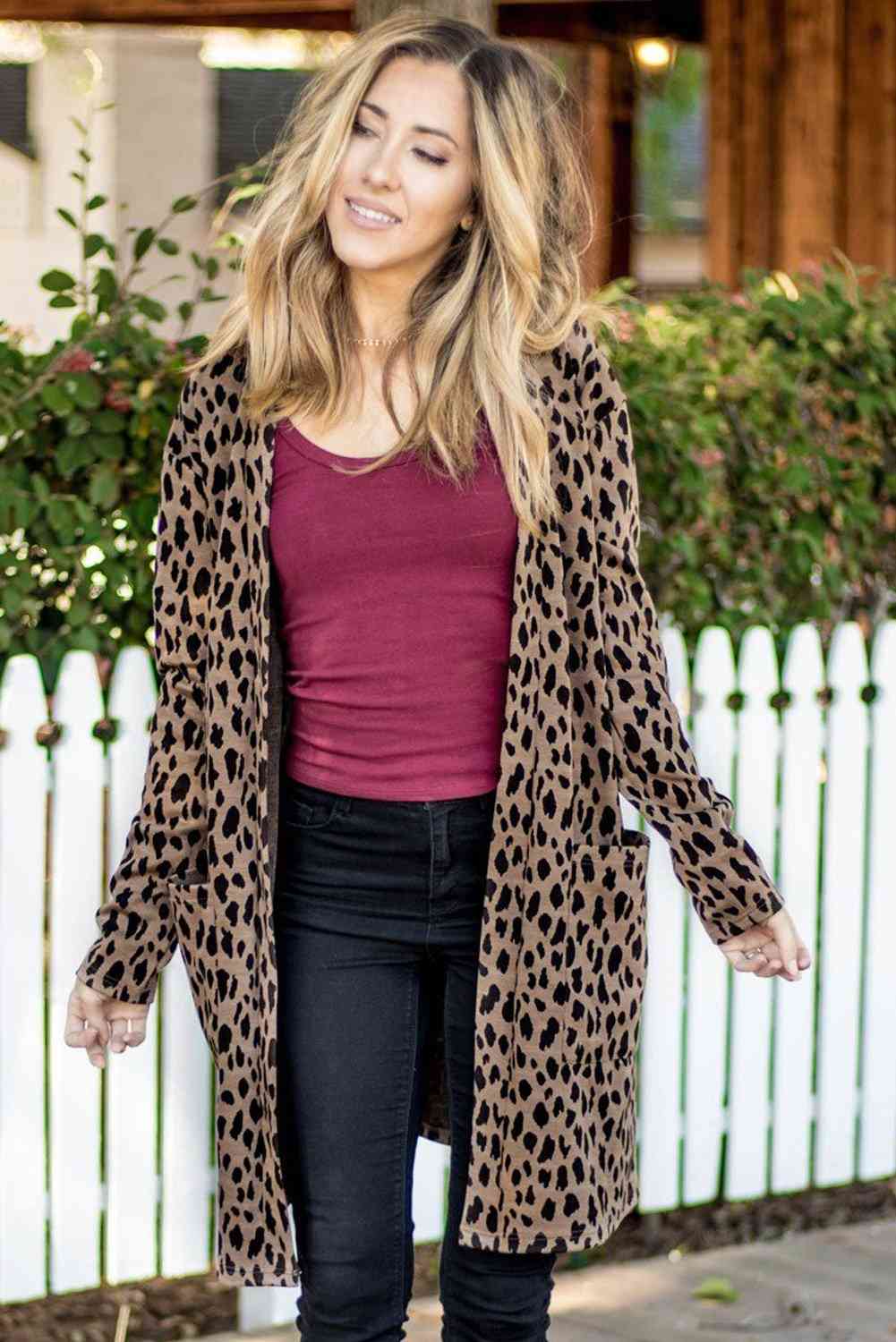 Leopard Print Open Front Pocketed Cardigan