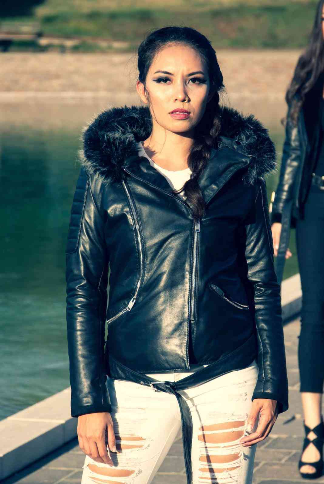 Women's Leather Jacket With Fur Hoodie