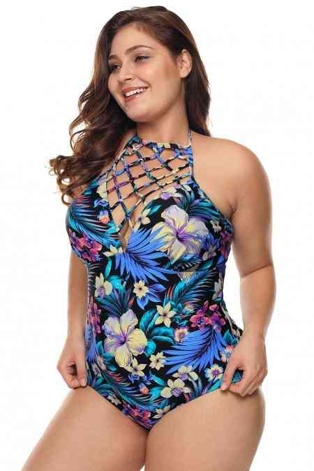 High Neck Hollow Out Floral Teddy Swimwear