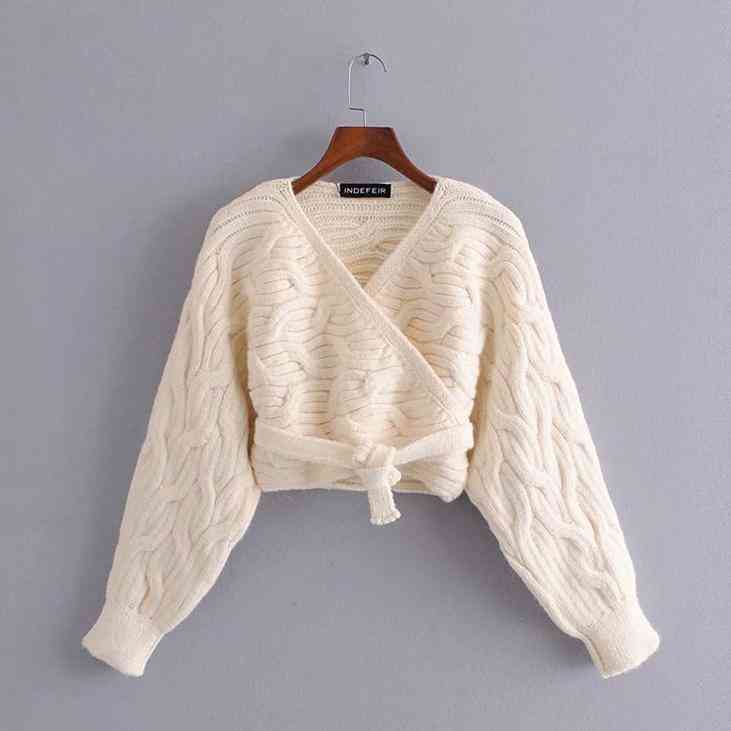 Winter Flare- Sleeve Sashes, Cable Knitted Crop, Cardigan Sweater
