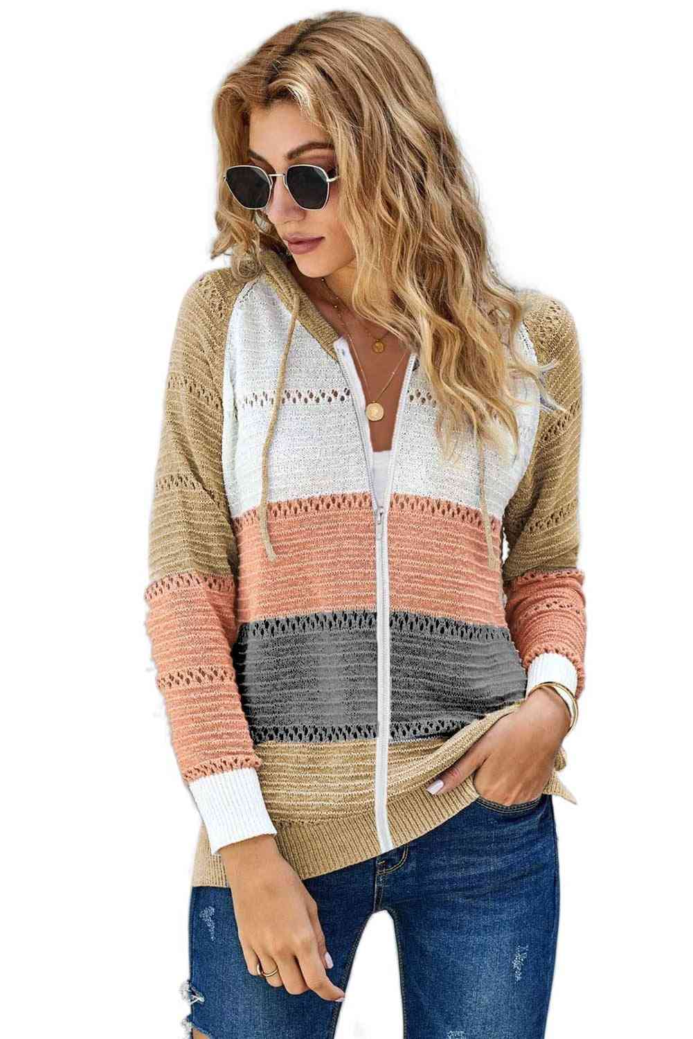 Womens Zipped Front Hollow-out Knit Hoodie
