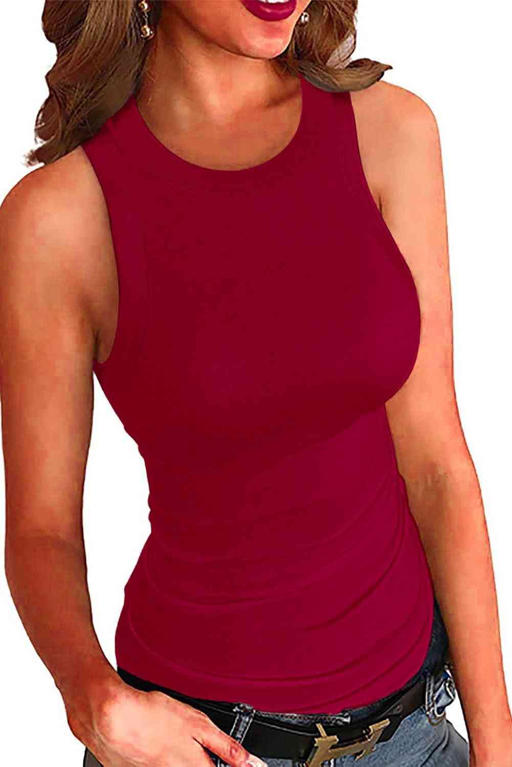 Solid Round Neck, Ribbed Tank Top