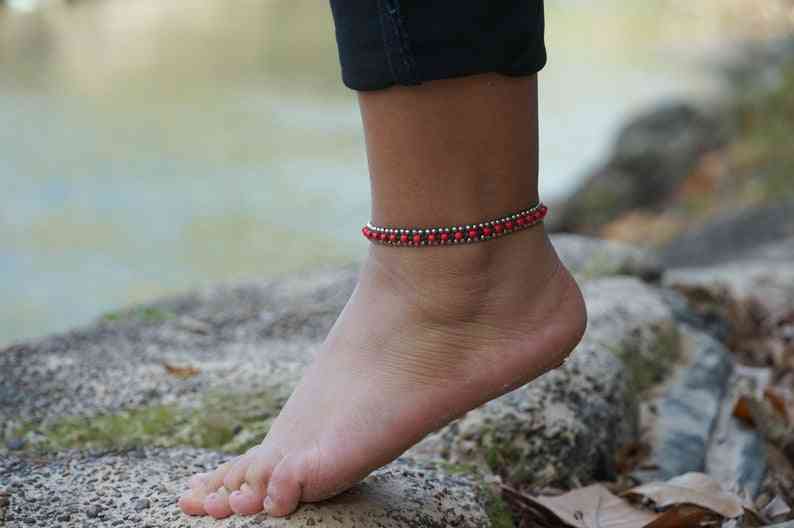 Red Band Boho Silver Anklet