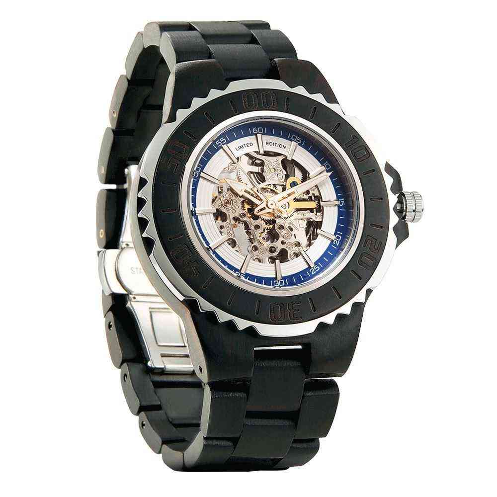 Men's Genuine Automatic Ebony Wooden Watches No Battery Needed