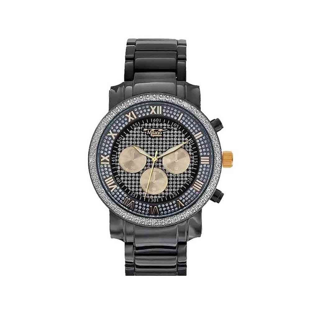 Reloj analógico de banda de metal negro con esfera negra / dorada helada