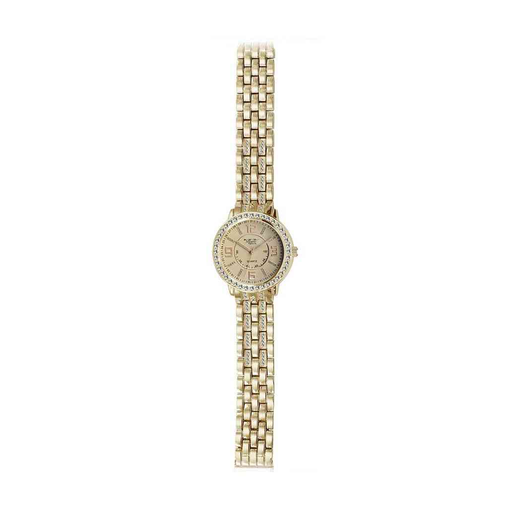 Złoty metalowy pasek, analogowy zegarek na rękę