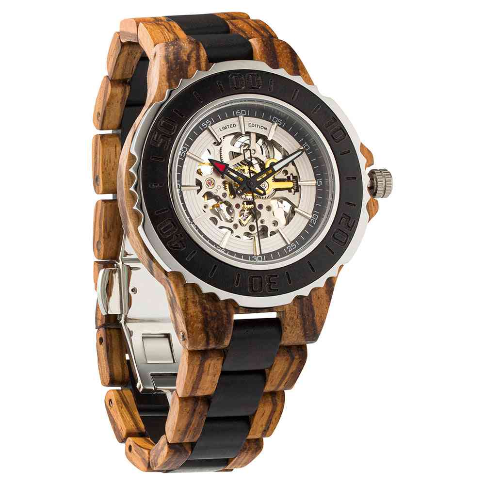 Men's Genuine Automatic Zebra & Ebony Wooden Watches No Battery Needed