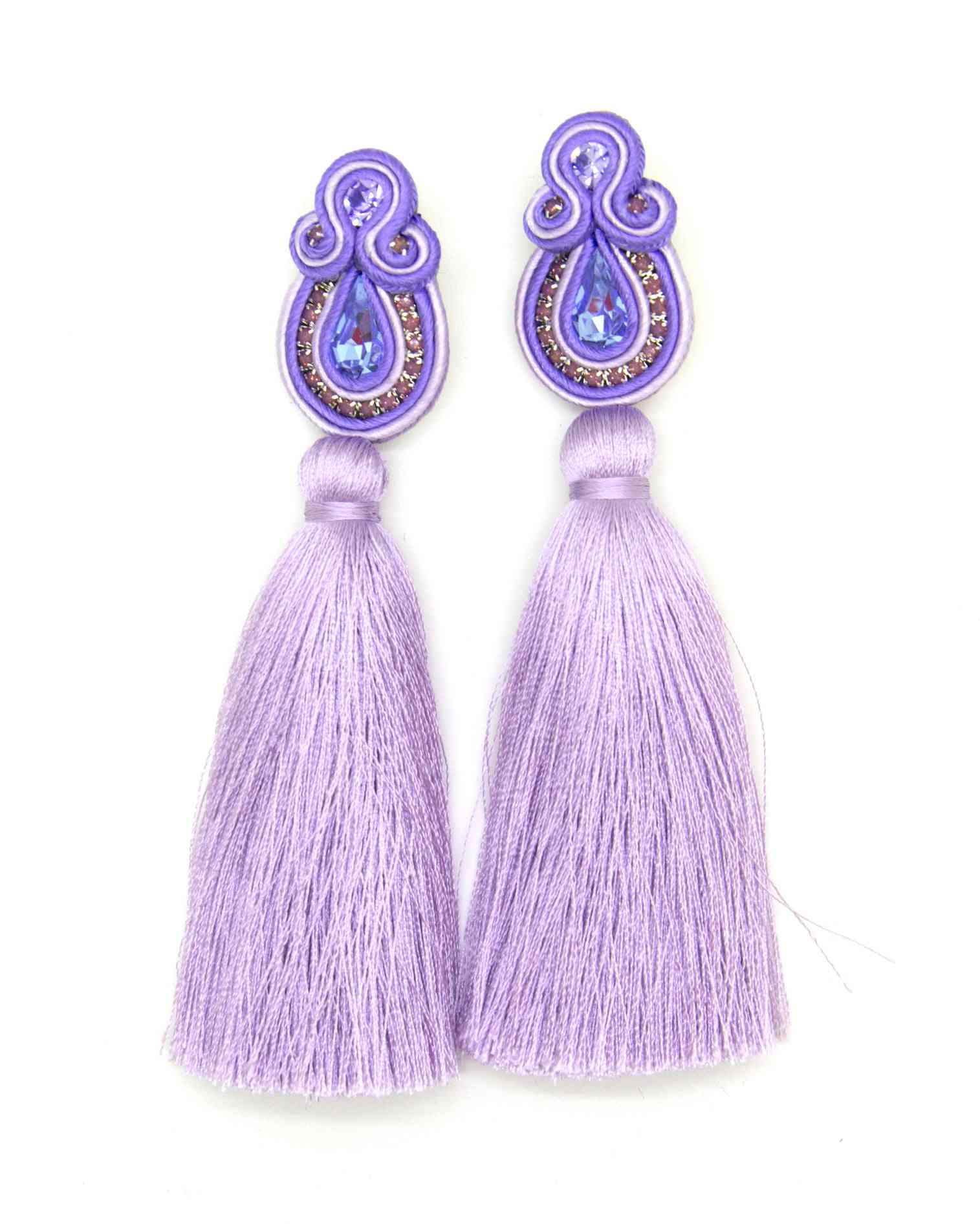 Long Tassel Lilac Earrings With Crystals
